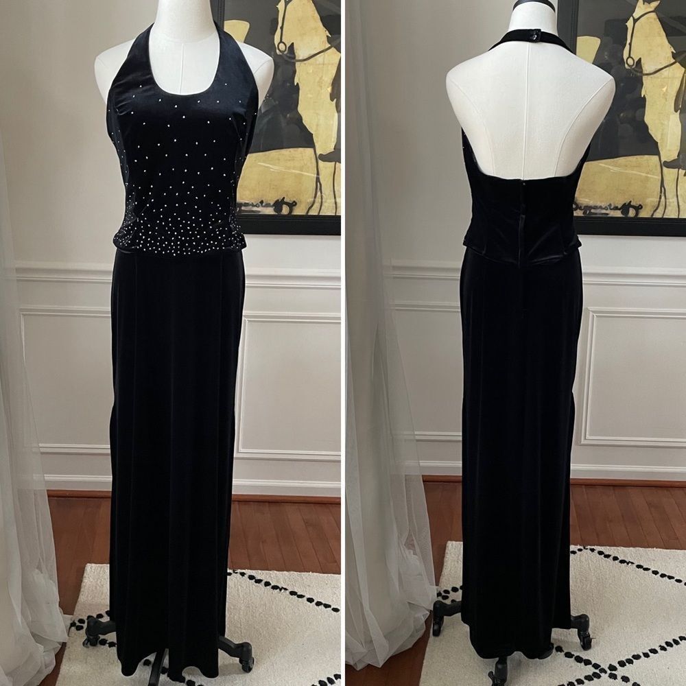 Scott McClintock Y2K Millennium Black Velvet Column Halter Dress 10
